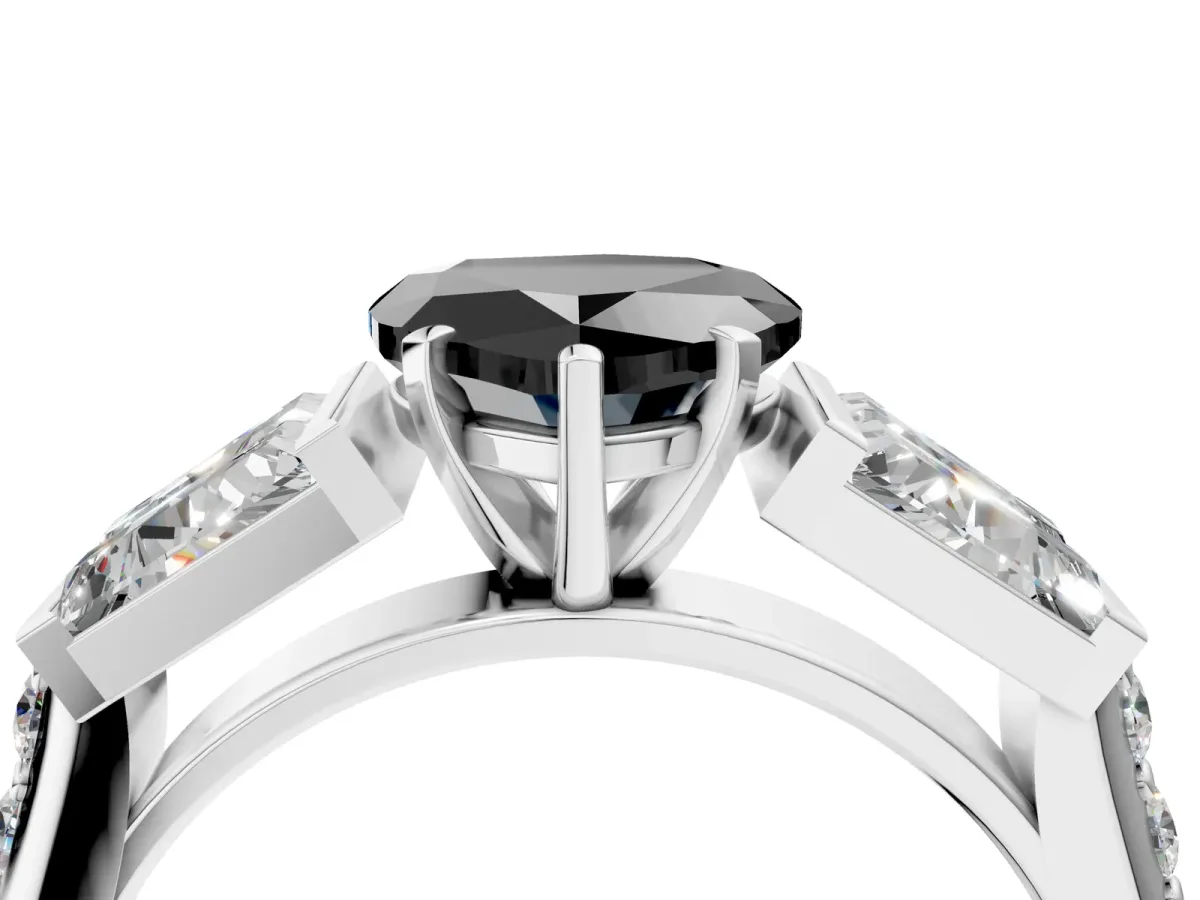 Fancy Black Heart Cut Diamond Engagement Ring with Baguette Side Stones and Channel Set Band Platinum