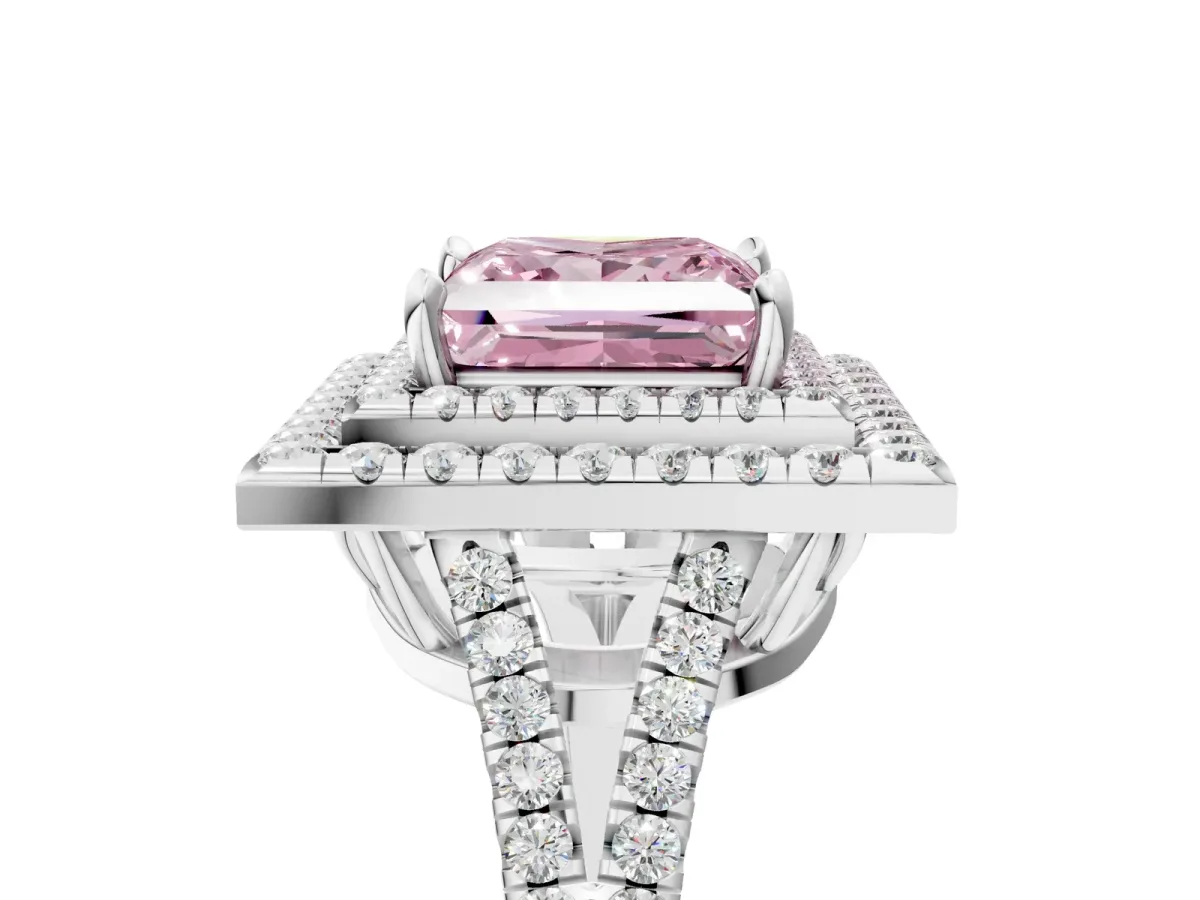 Fancy Pink Princess Cut Diamond Double Halo Ring with Pavé Band and Prong Setting White gold