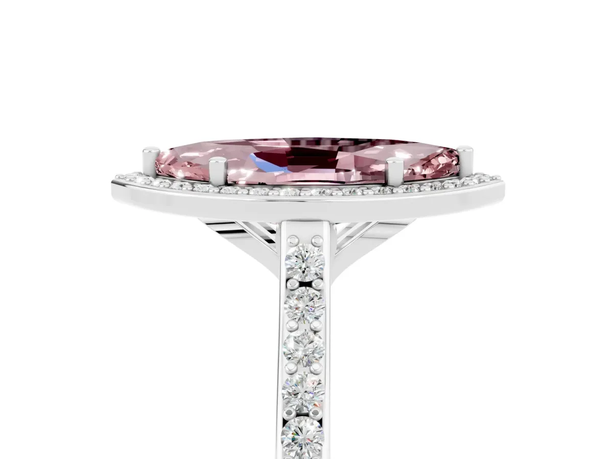 Marquise Cut Morganite Halo Engagement Ring with Round Pavé Shoulders and Prong Setting Platinum