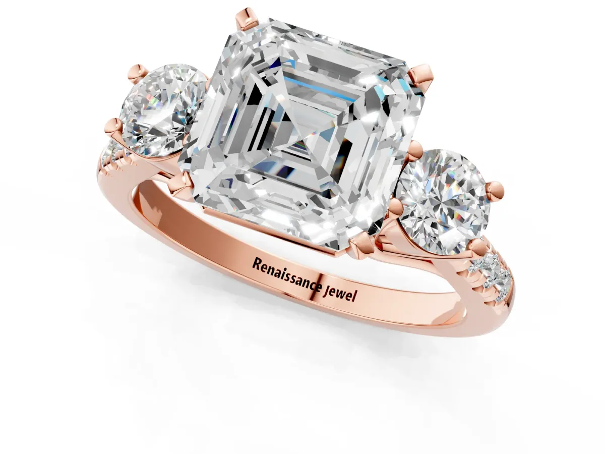 Three-Stone Asscher Cut Diamond Pavé Band with Four-Prong Setting Rose gold