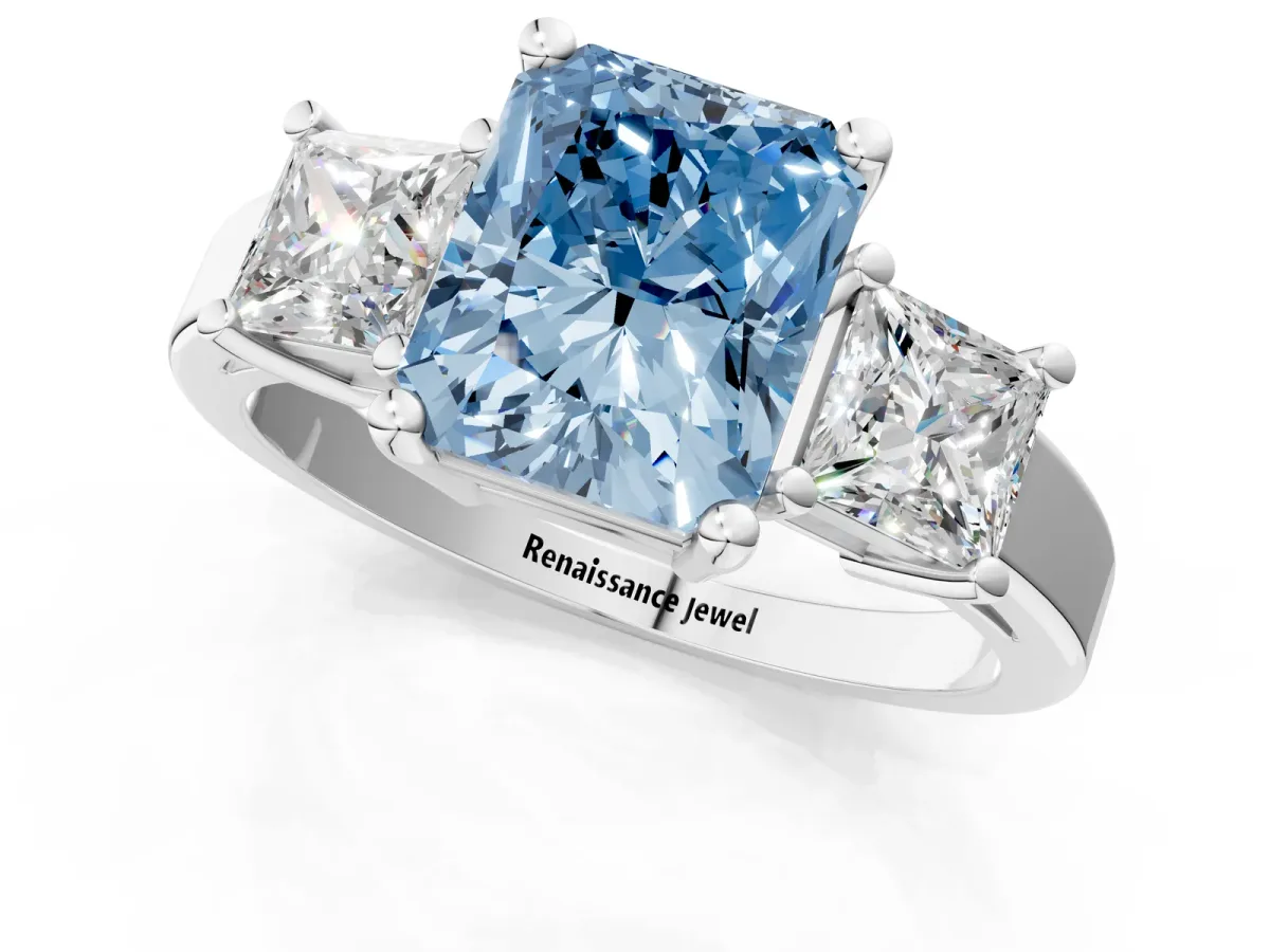 Fancy Blue Three-Stone Radiant Cut Cut Solitaire Ring with Prong Setting Platinum