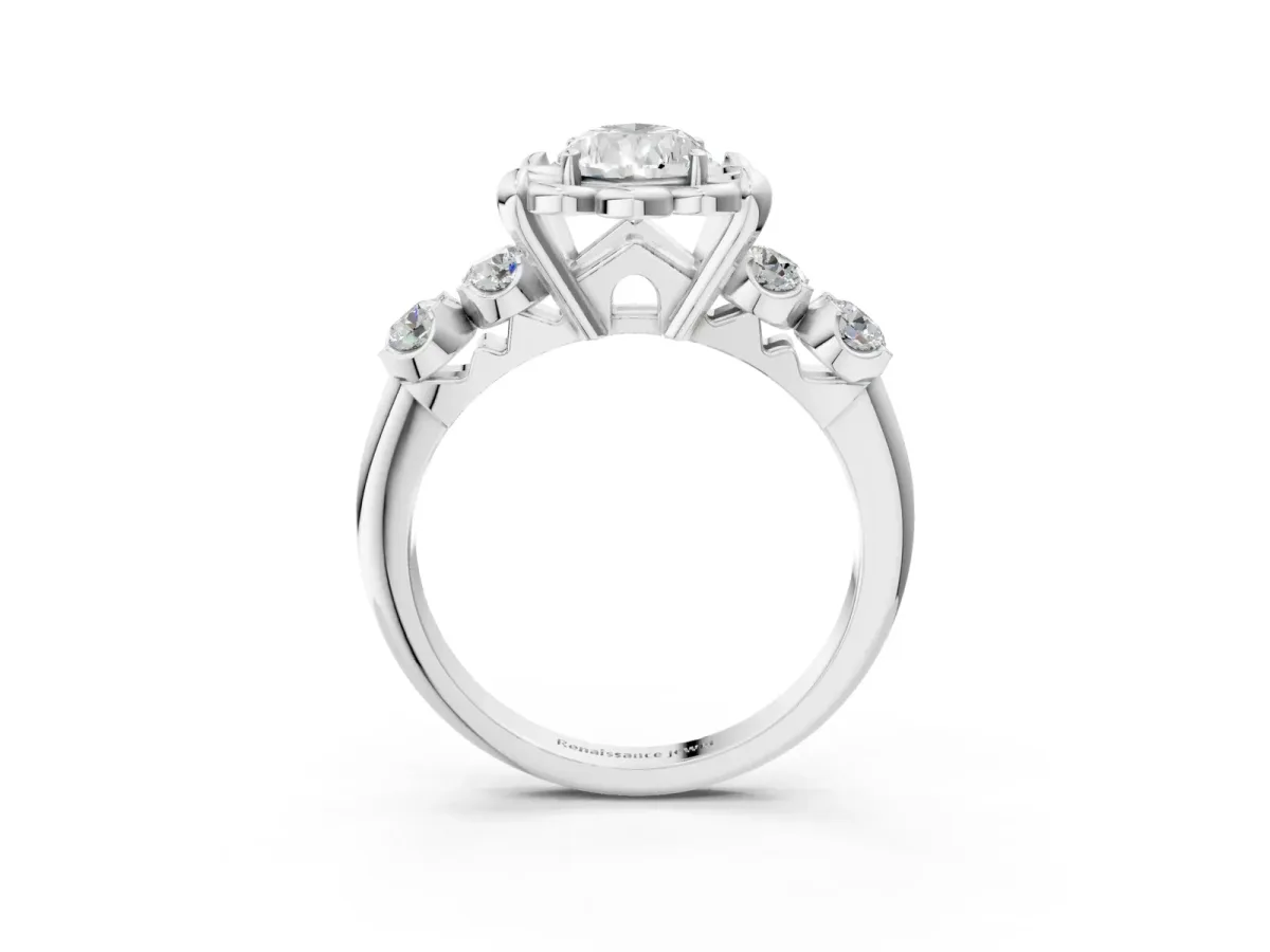 Pear Cut Cut Diamond Floral Halo Engagement Ring with Shared Prong Setting White gold