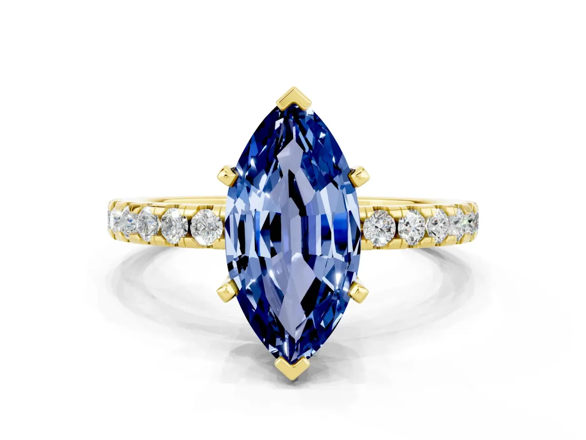 Marquise Cut Blue Sapphire Solitaire Ring with Round Pavé Band and Four-Prong Setting Yellow gold