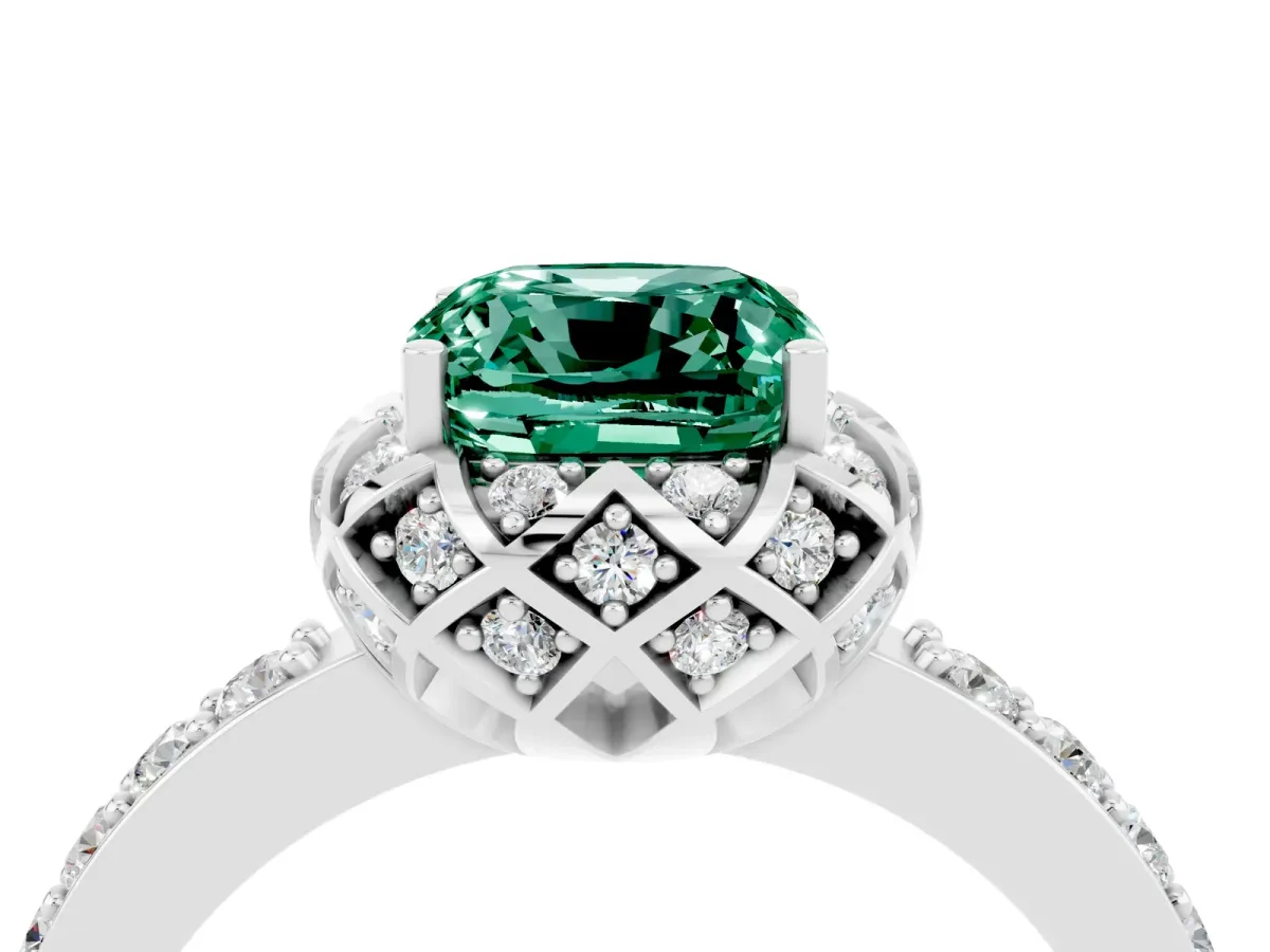 Cushion Cut Green Sapphire Scalloped Halo Engagement Ring with Round Shared Prong Band Silver