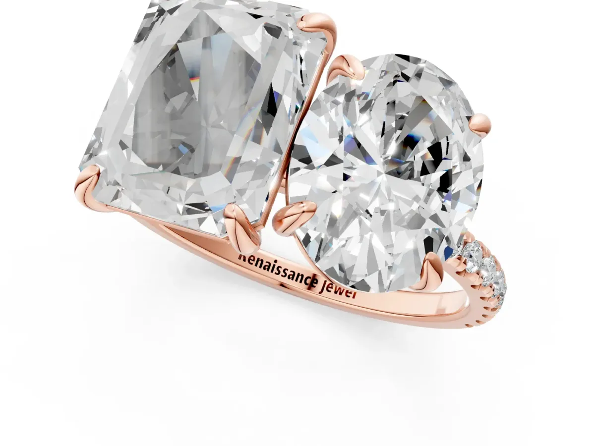 Oval and Emerald Toi Moi Ring with Prong Setting and Micro Pave Band Rose gold