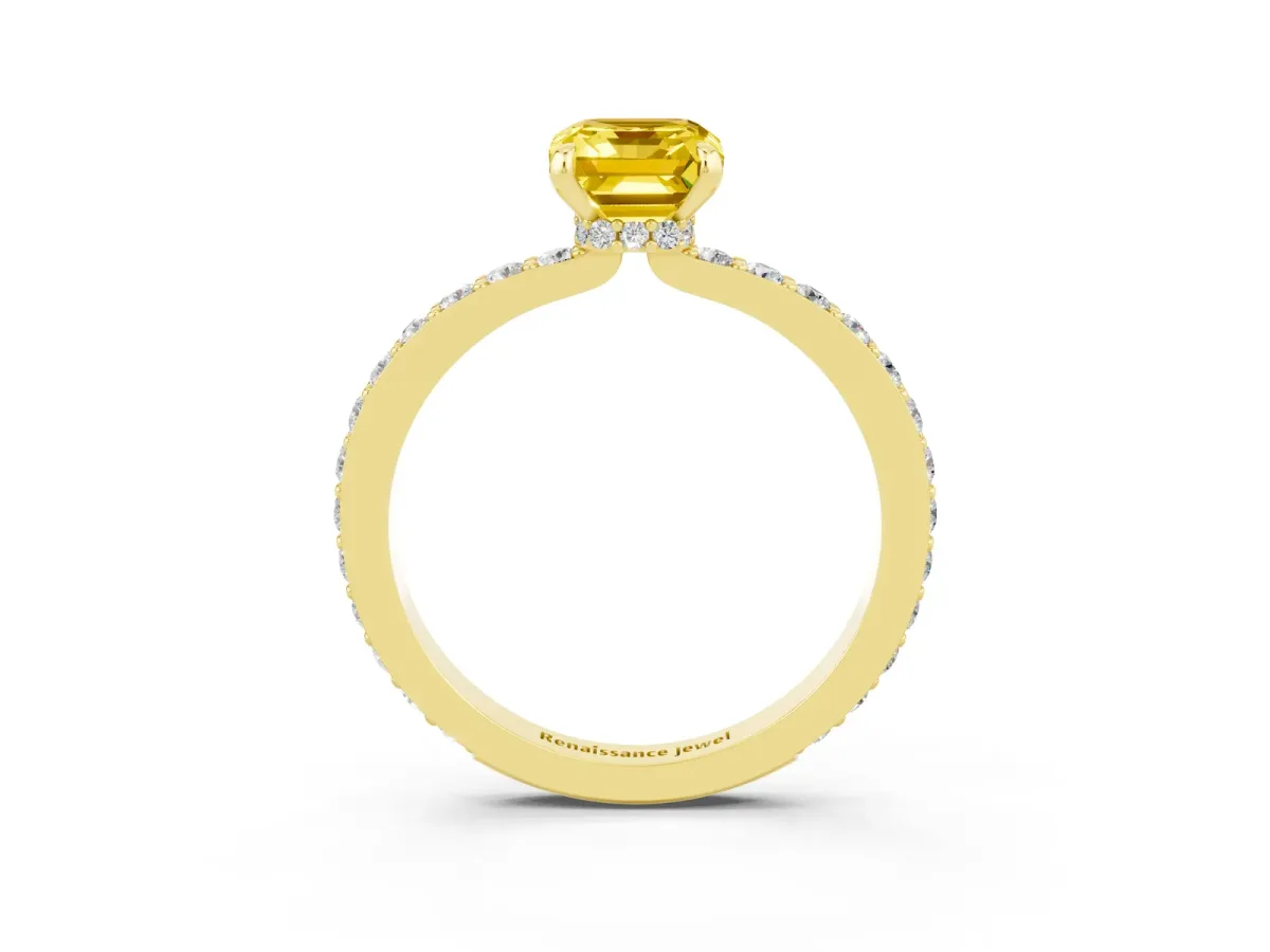 Emerald Cut Yellow Sapphire Solitaire Engagement Ring with Pavé Band and Four-Prong Setting Yellow gold
