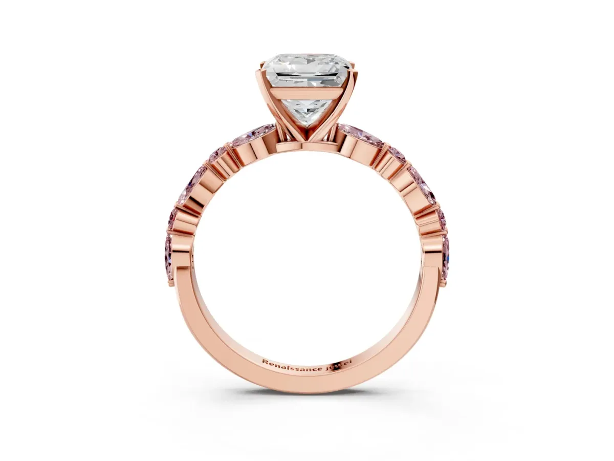 Princess Cut Diamond Ring with Marquise and Round Morganite Side Stones and Four-Prong Setting Rose gold