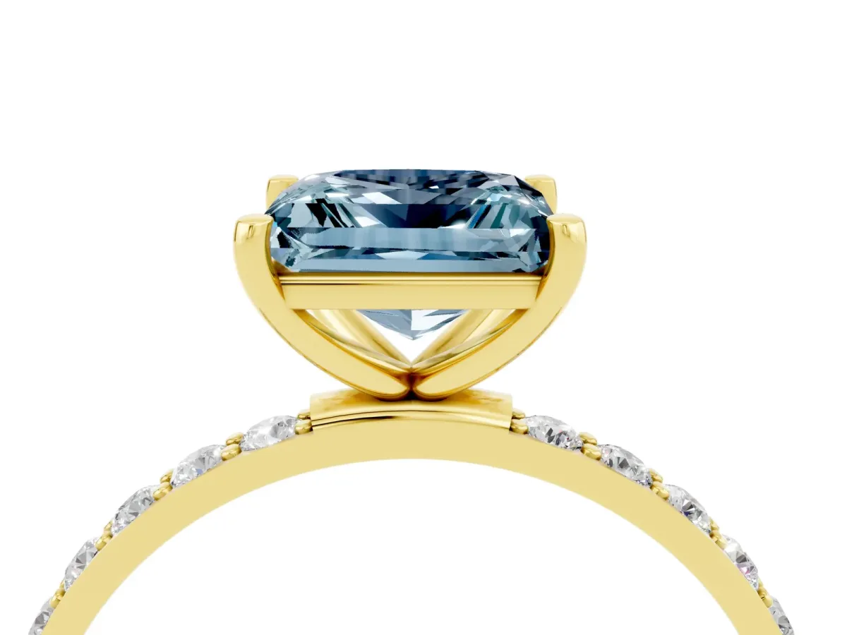 Princess Cut Aquamarine Solitaire Ring with Round Pavé Band and Prong Setting Yellow gold