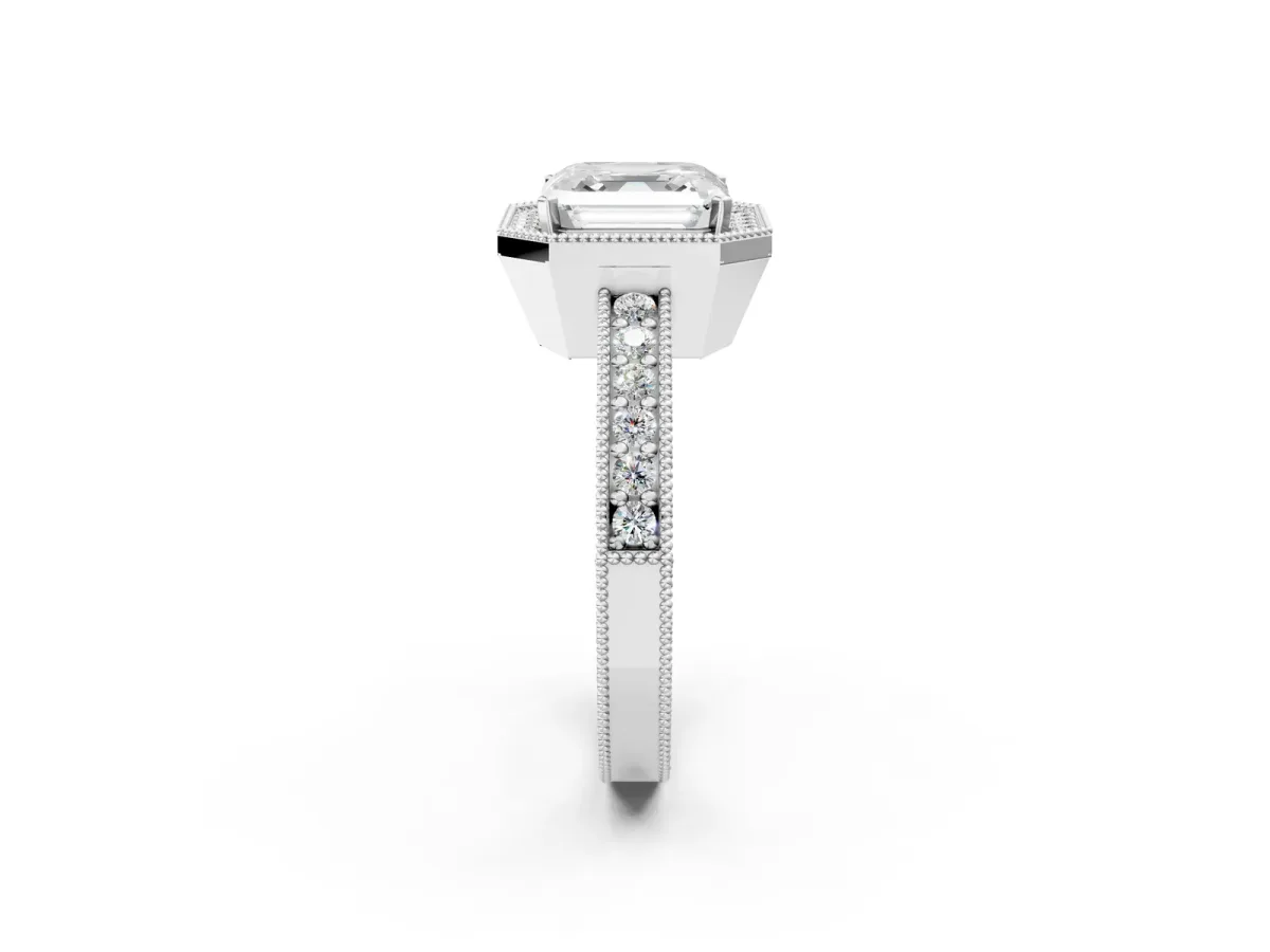 Asscher Cut Cut Halo Diamond Pave Band Ring with Four-Prong Setting Platinum