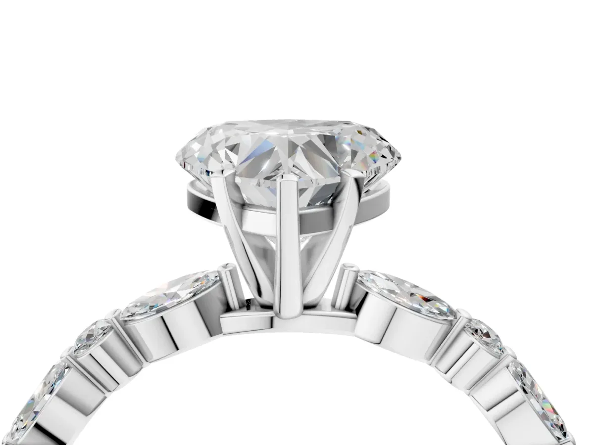 Heart Cut Diamond Ring with Marquise and Round Side Stones and Four-Prong Setting White gold