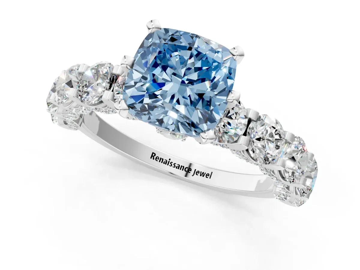 Fancy Blue Cushion Cut Diamond Side Stone Engagement Ring with Four-Prong Setting White gold