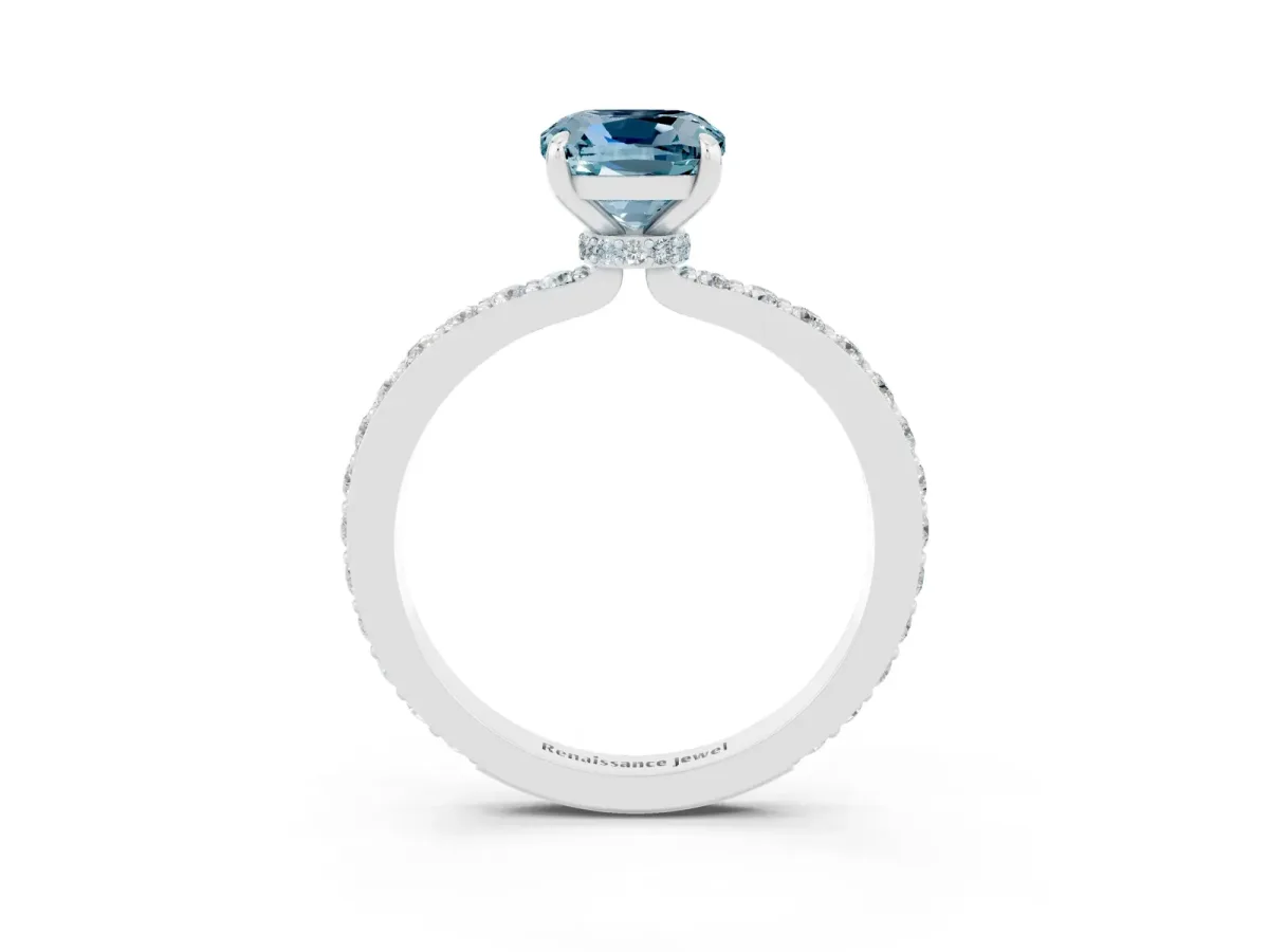 Cushion Cut Aquamarine Solitaire Engagement Ring with Pavé Band and Four-Prong Setting Platinum