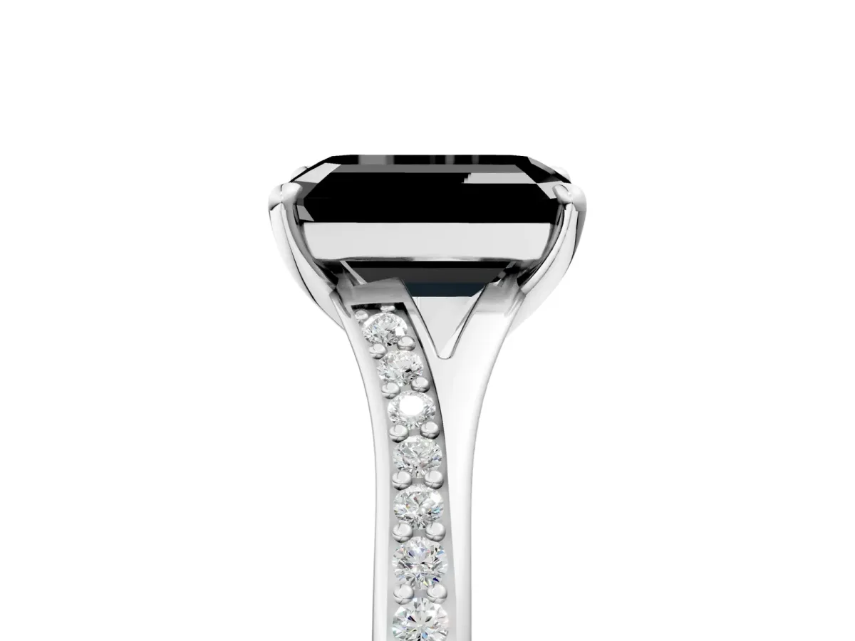 Fancy Black Emerald Cut Diamond Solitaire Ring with Pavé Band and Prong Setting Silver