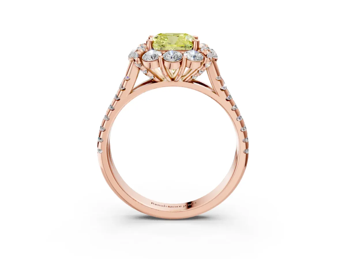 Fancy Yellow Cushion Cut Halo Split Shank Diamond Engagement Ring with Pave Band and Four-Prong Setting Rose gold