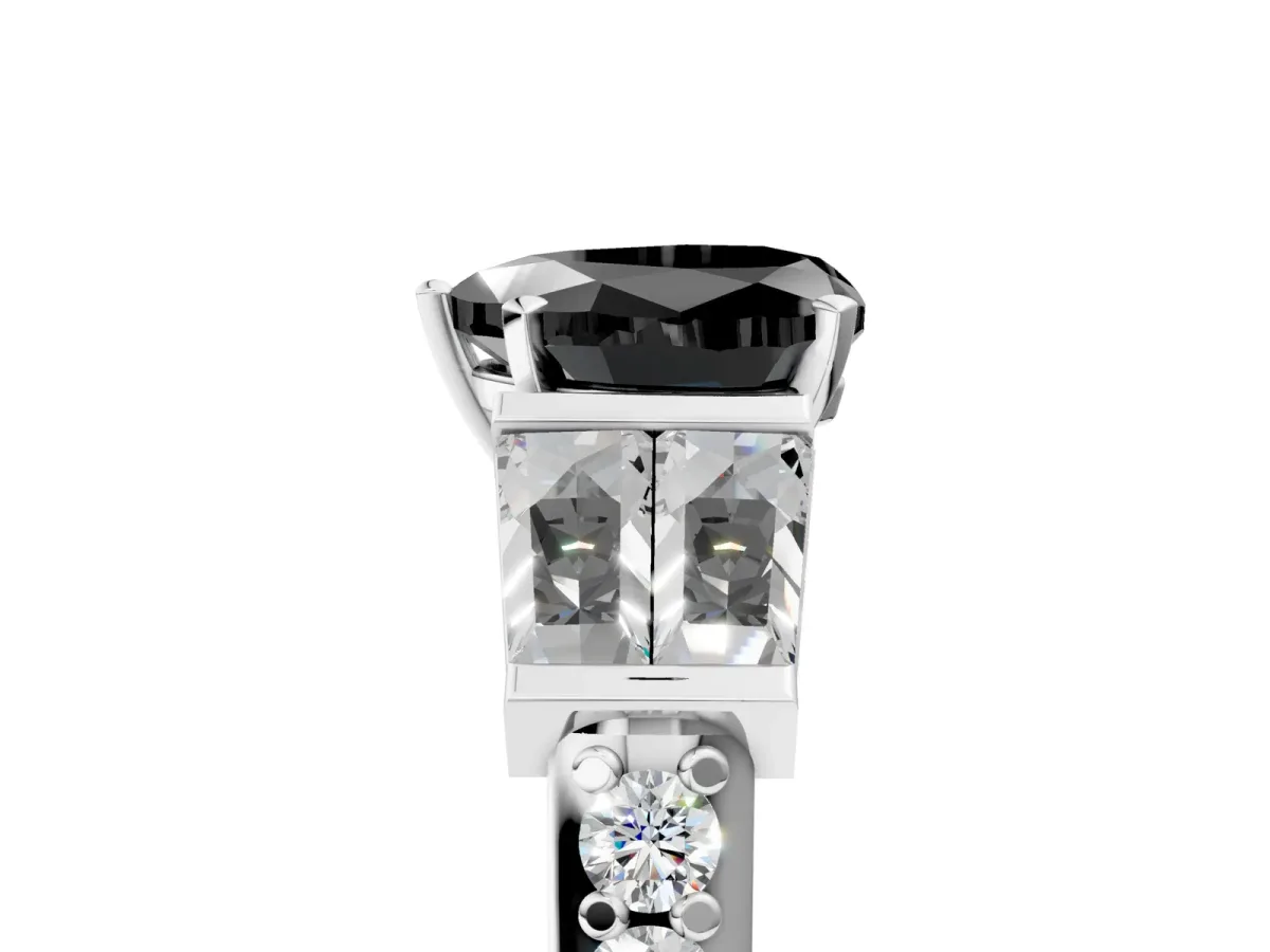 Fancy Black Heart Cut Diamond Engagement Ring with Baguette Side Stones and Channel Set Band Platinum