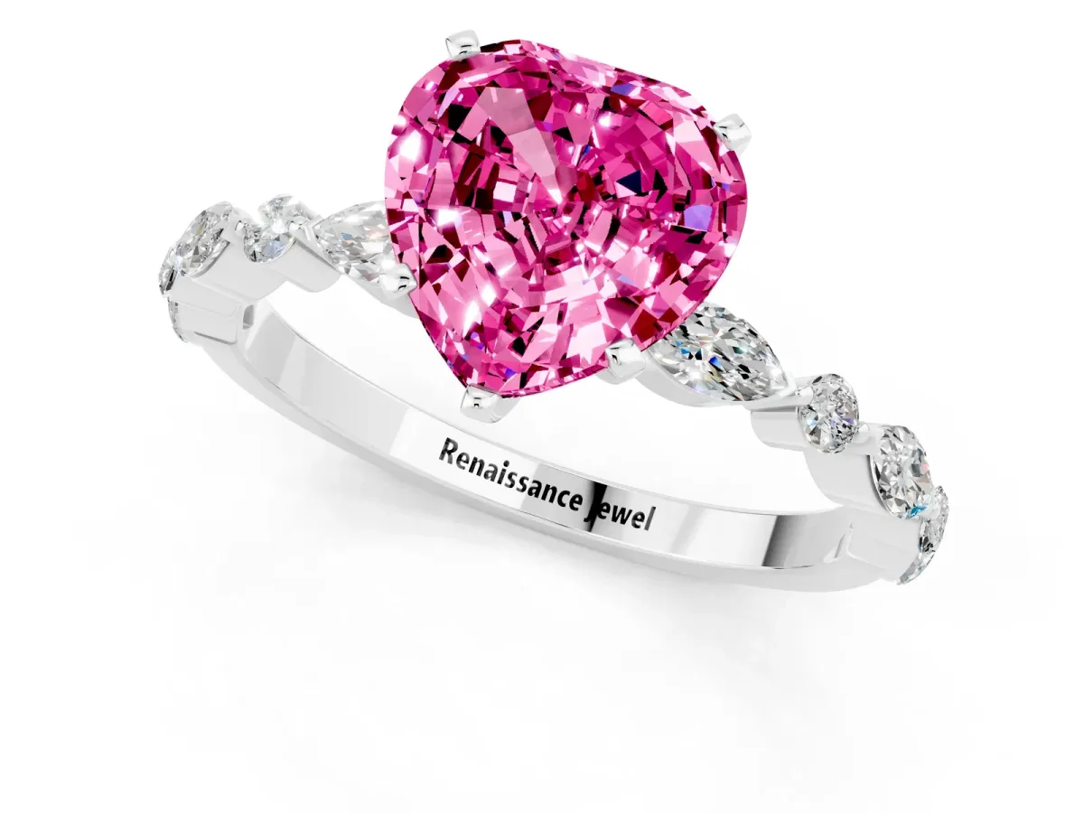 Heart Cut Pink Sapphire Ring with Marquise and Round Side Stones and Four-Prong Setting White gold