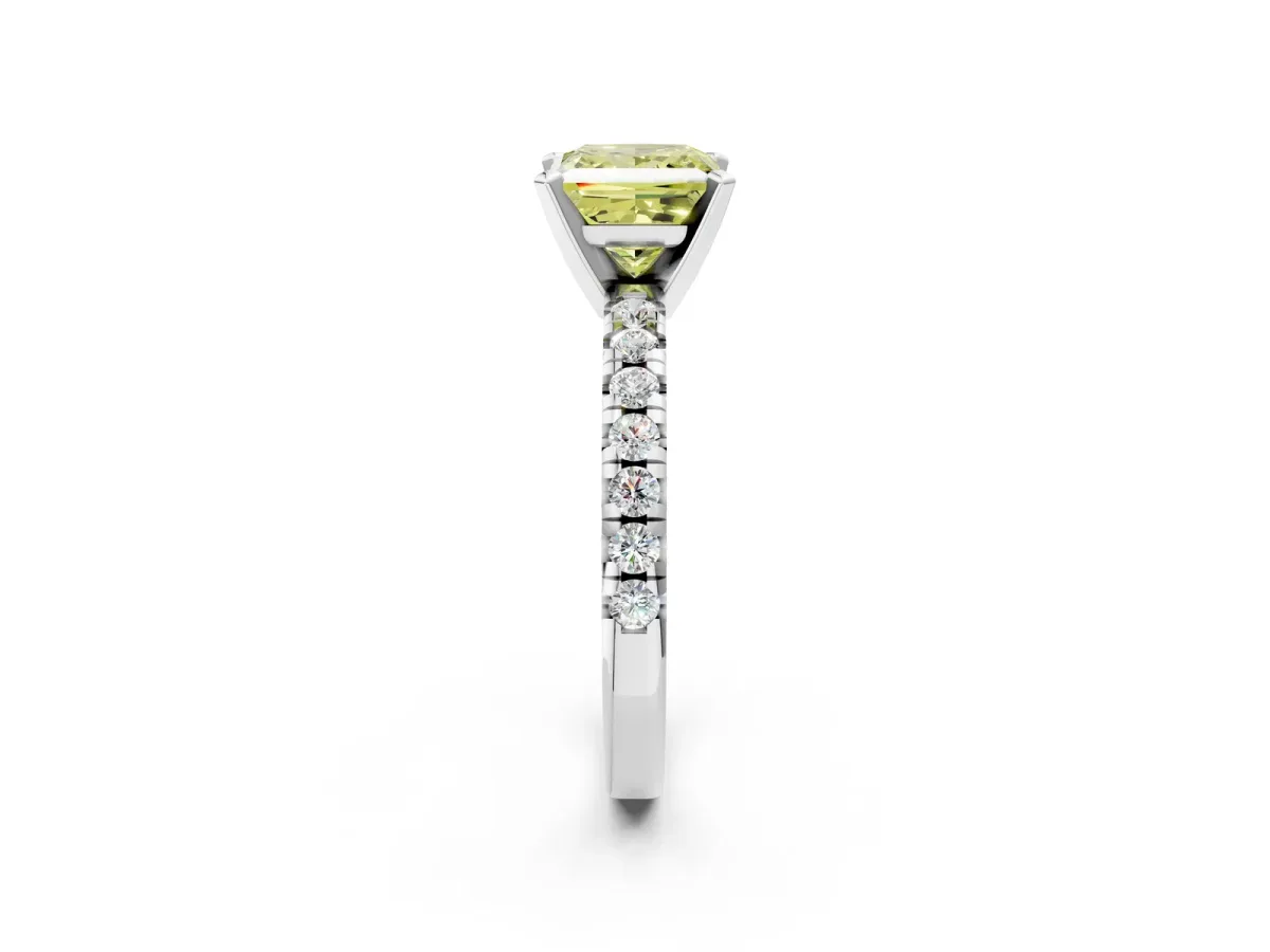 Fancy Yellow Princess Cut Diamond Solitaire Pavé Engagement Ring with Round Band and Prong Setting White gold