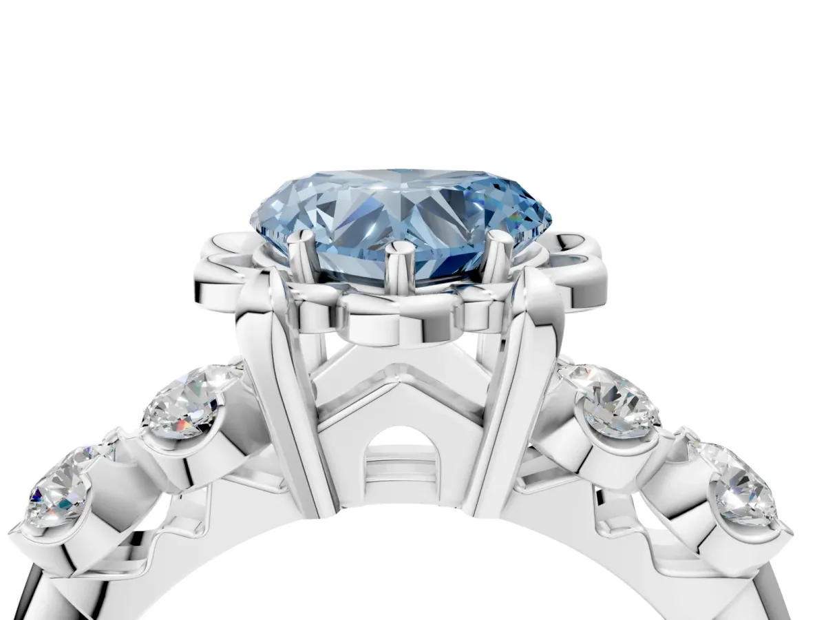 Fancy Blue Heart Cut Cut Diamond Floral Halo Engagement Ring with Shared Prong Setting Silver