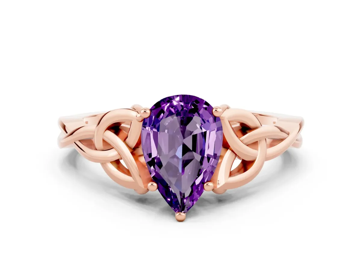 Pear Cut Amethyst Solitaire Celtic Knot Ring with Four-Prong Setting Rose gold