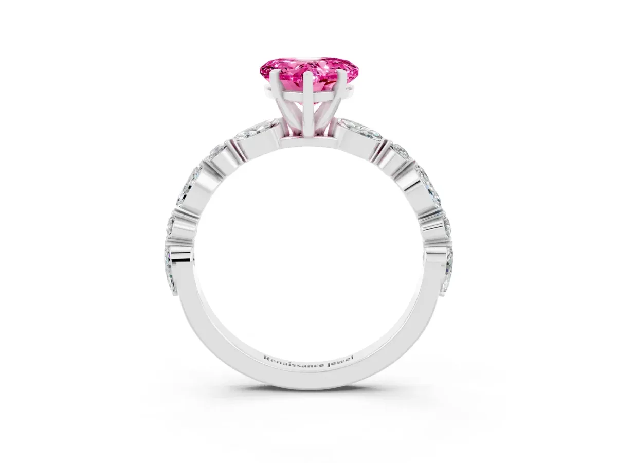 Heart Cut Pink Sapphire Ring with Marquise and Round Side Stones and Four-Prong Setting White gold