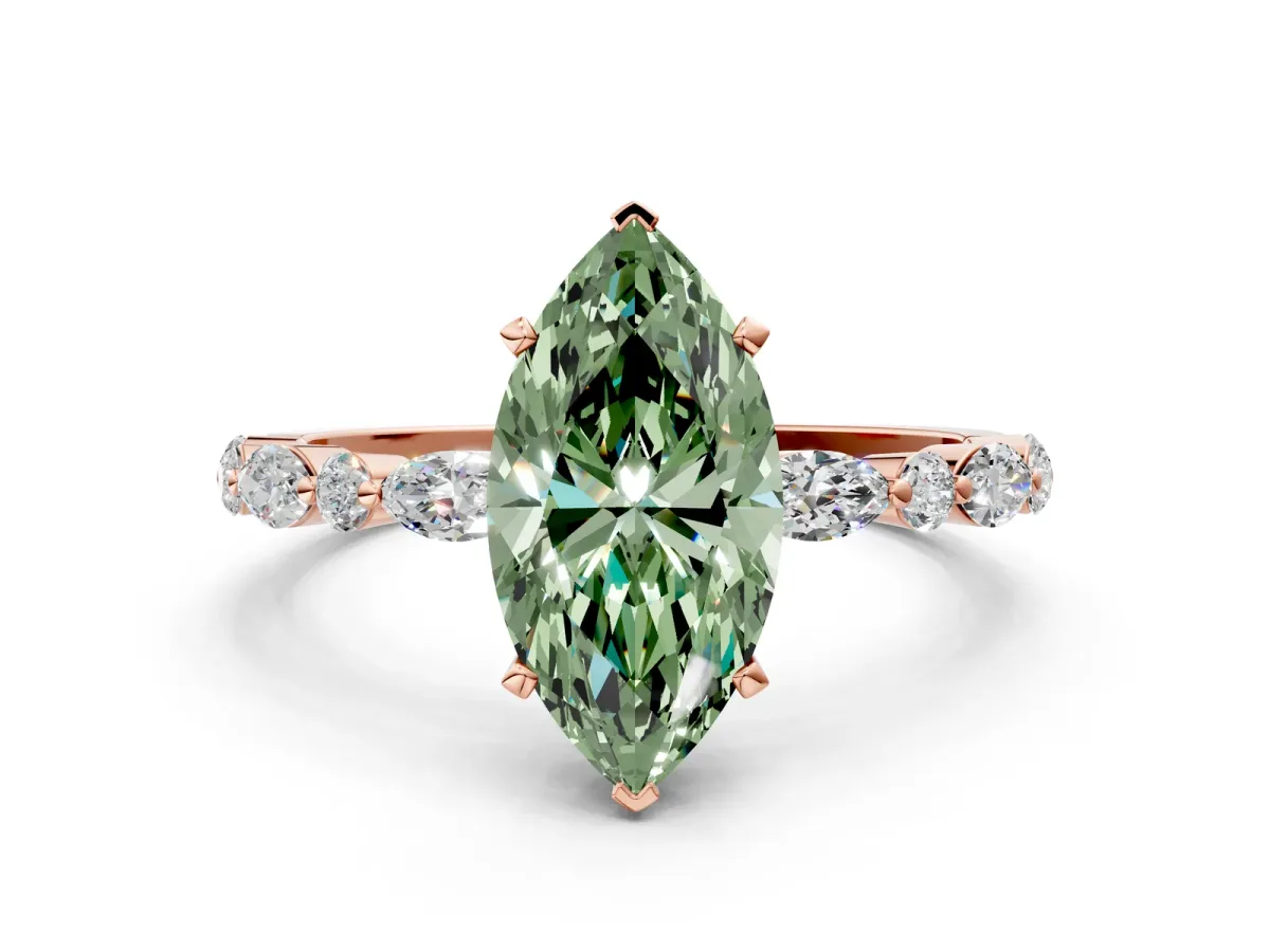 Fancy Green Marquise Cut Diamond Ring with Marquise and Round Side Stones and Four-Prong Setting Rose gold