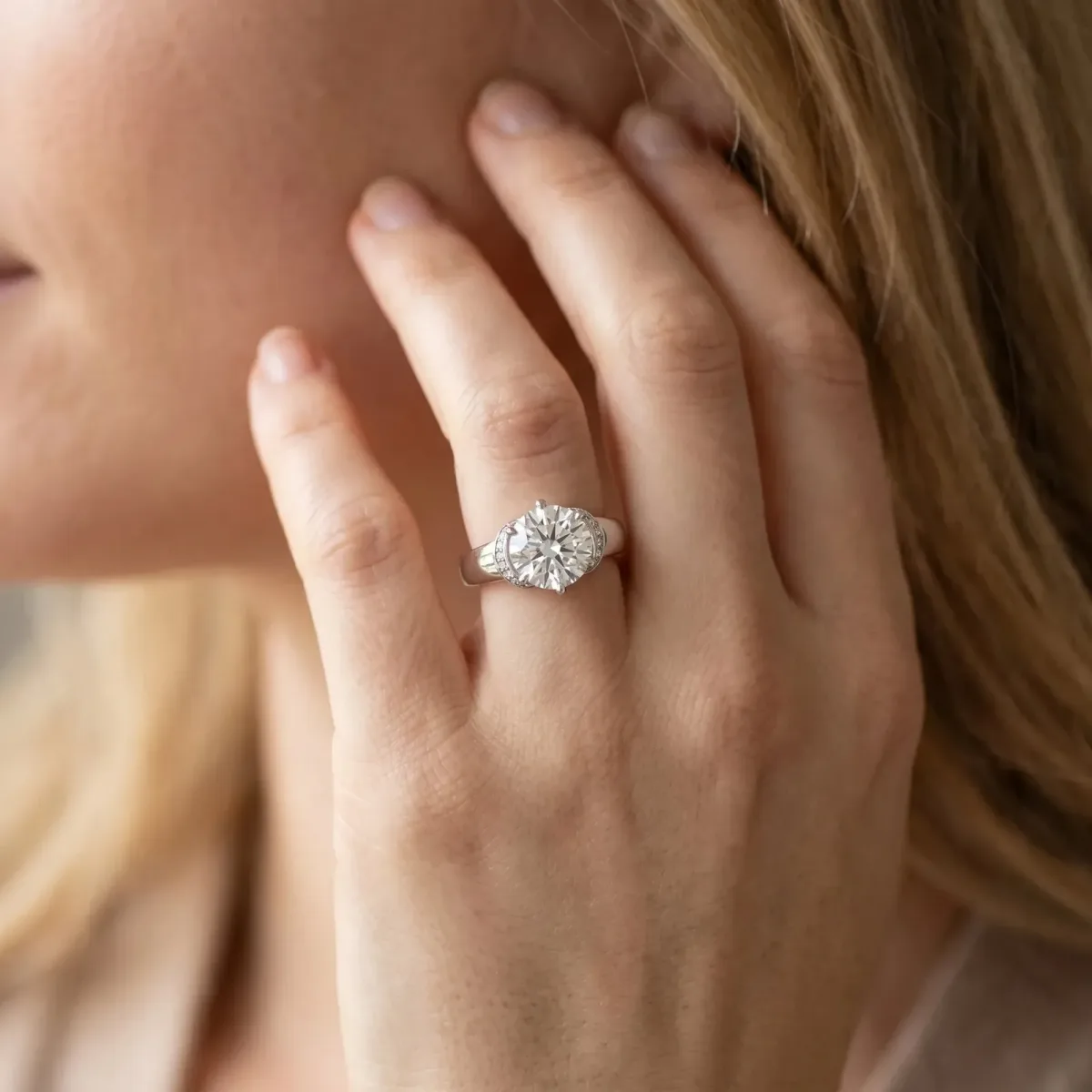 Round Cut Solitaire Diamond Ring with Pave Band and Six-Prong Setting Silver