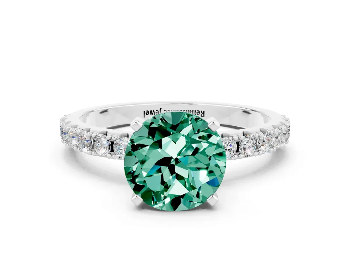Round Cut Green Sapphire Solitaire Pavé Band with Four-Prong Setting Platinum
