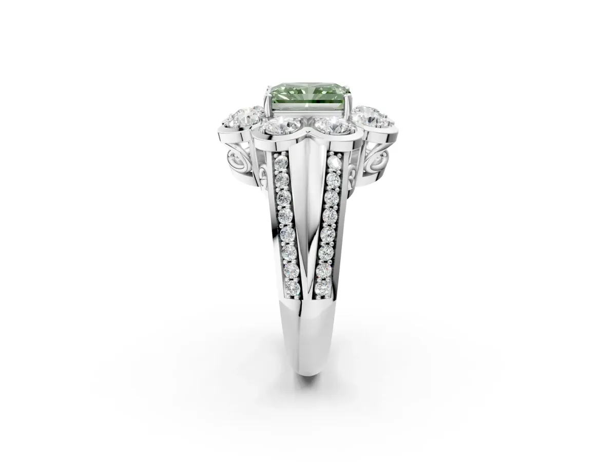 Fancy Green Radiant Cut Brilliant Flower Halo Diamond Split Shank Ring Platinum