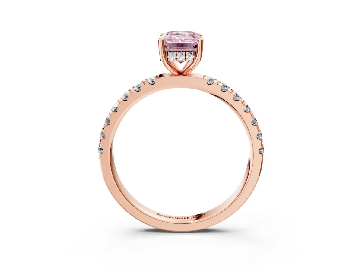 Fancy Pink Emerald Cut Diamond Pave Band Solitaire Ring with Round and Prong Setting Rose gold
