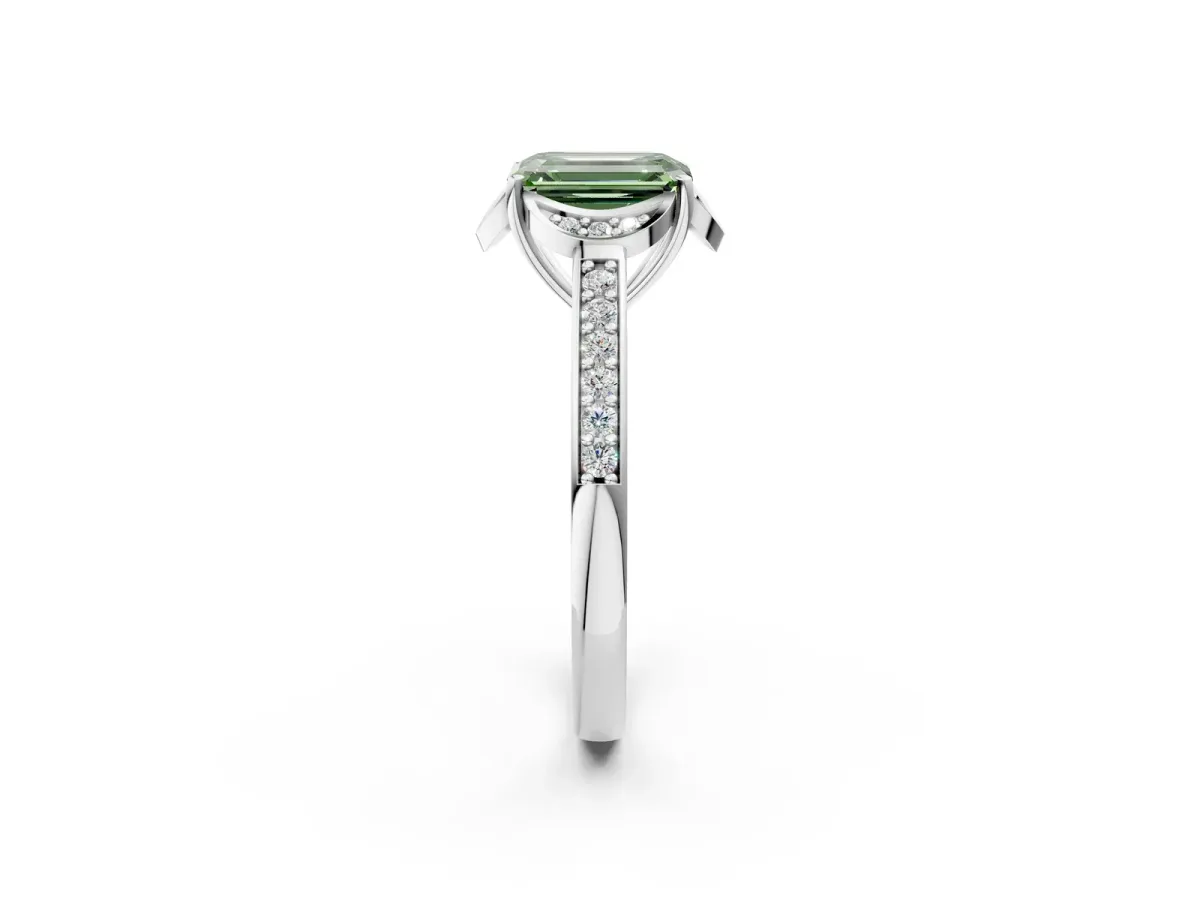 Fancy Green Emerald Cut Cut Halo Diamond Ring with Channel Set Band and Four-Prong Setting White gold