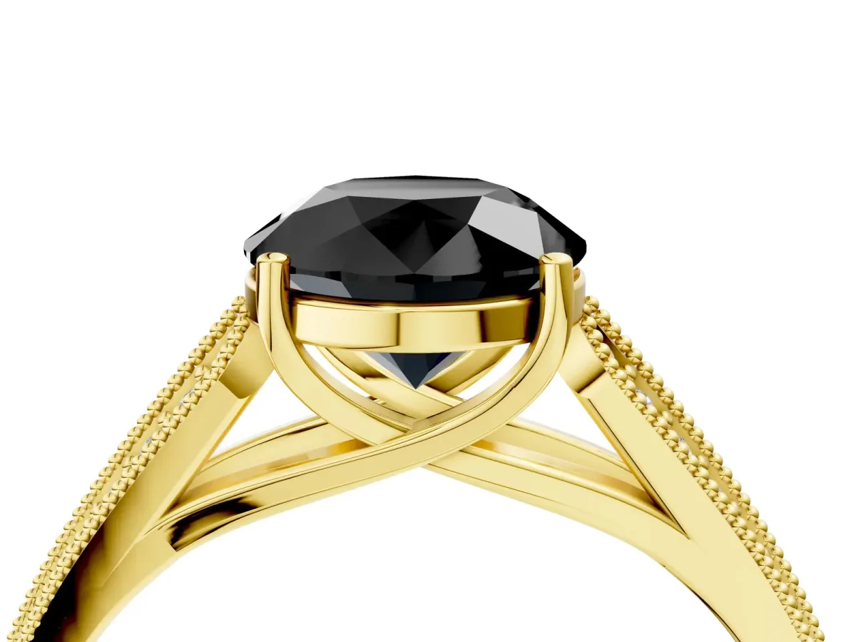 Fancy Black Round Cut Cut Pave Split Shank Engagement Ring with Four-Prong Setting Yellow gold