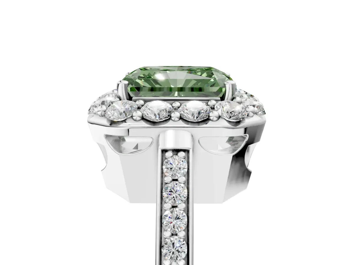 Fancy Green Radiant Cut Diamond Floral Halo Ring with Pavé Band and Prong Setting Platinum