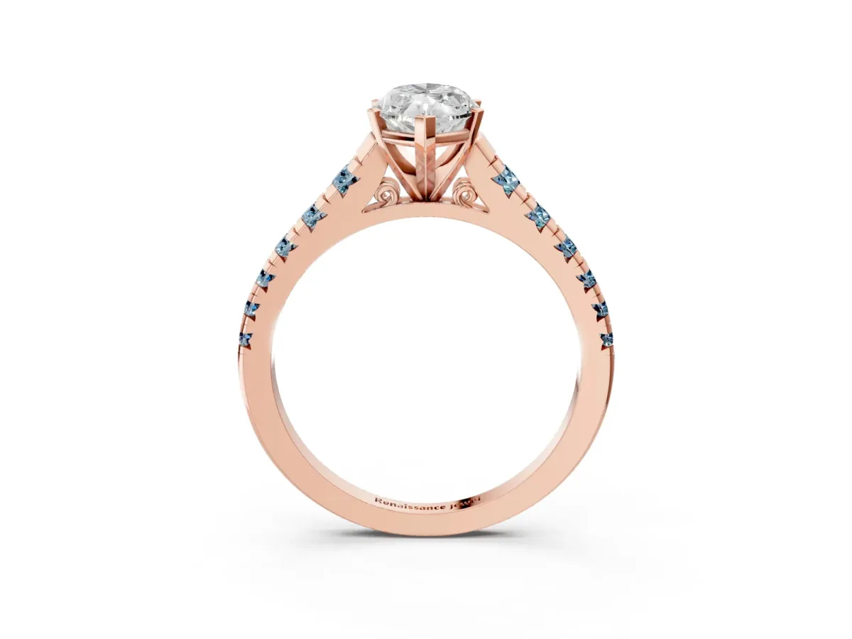 Marquise Cut Diamond Cathedral Solitaire Ring with Round Aquamarine Pavé Band Rose gold