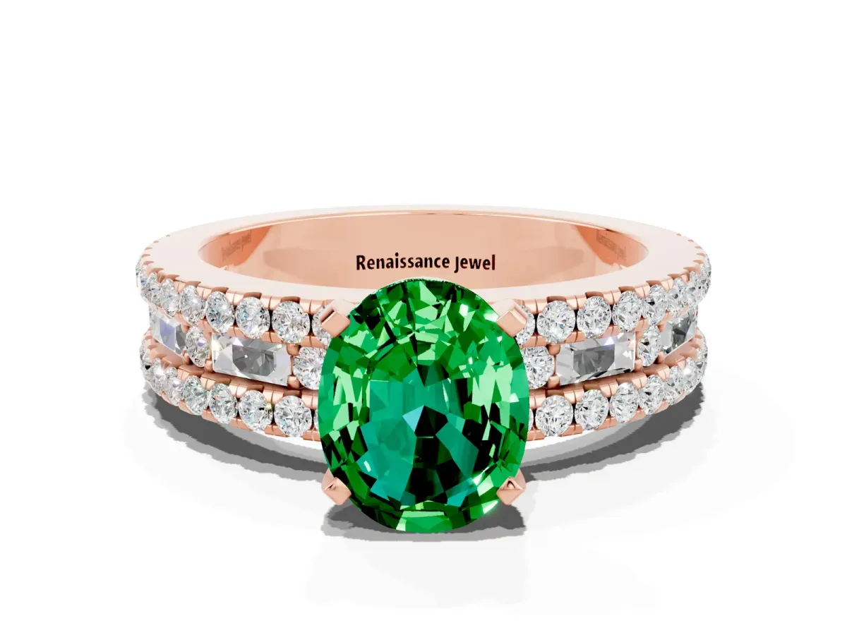 Oval Cut Emerald Solitaire Ring with Pavé and Channel Set Band Rose gold