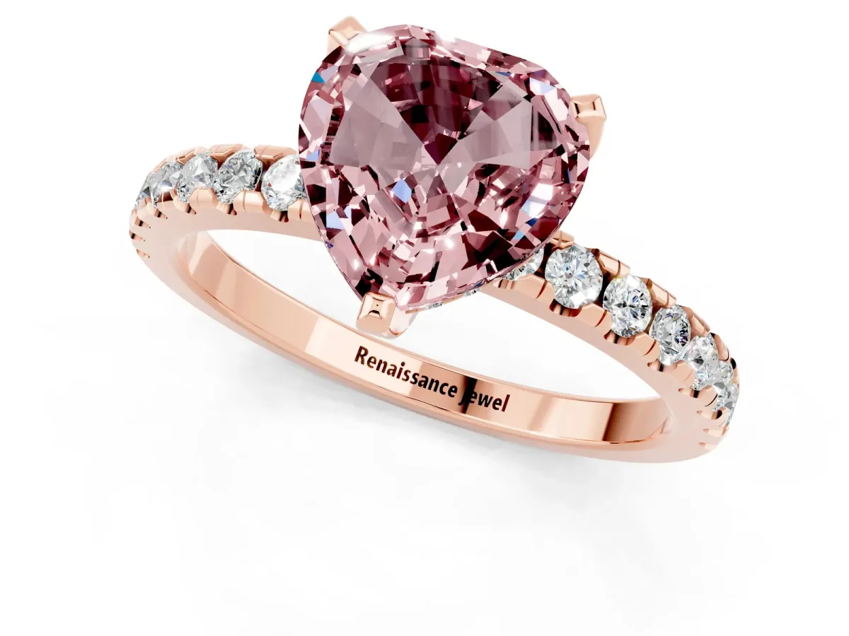 Heart Cut Morganite Solitaire Ring with Round Pavé Band and Four-Prong Setting Rose gold
