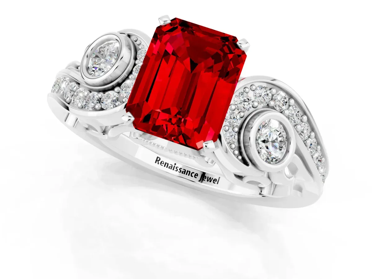 Emerald Cut Ruby Solitaire Ring with Milgrain Pavé Band and Four-Prong Setting Platinum