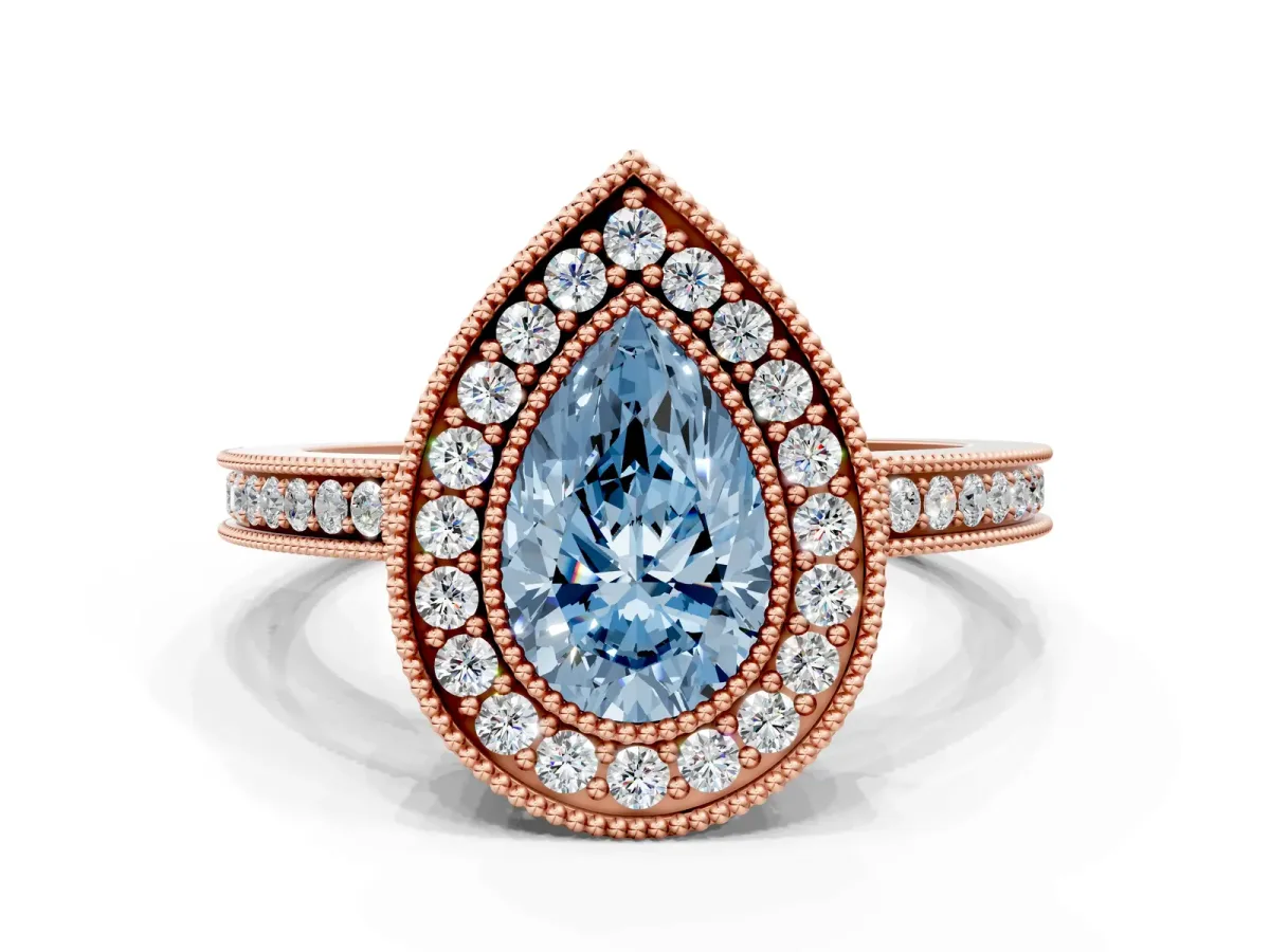 Fancy Blue Pear Cut Cut Halo Diamond Ring with Pavé Band and Milgrain Prong Setting Rose gold