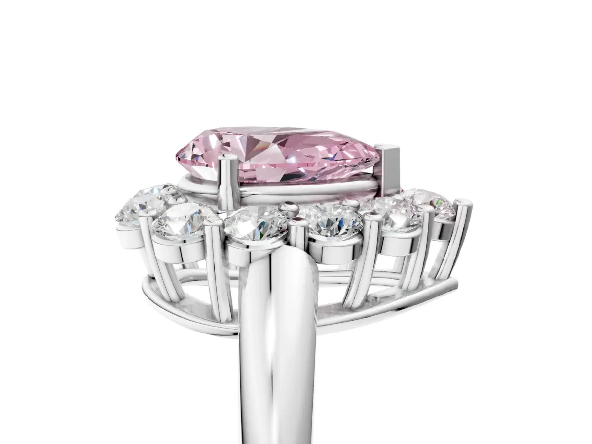Fancy Pink Pear Cut Halo Cluster Diamond Engagement Ring with Prong Setting and Polished Band White gold