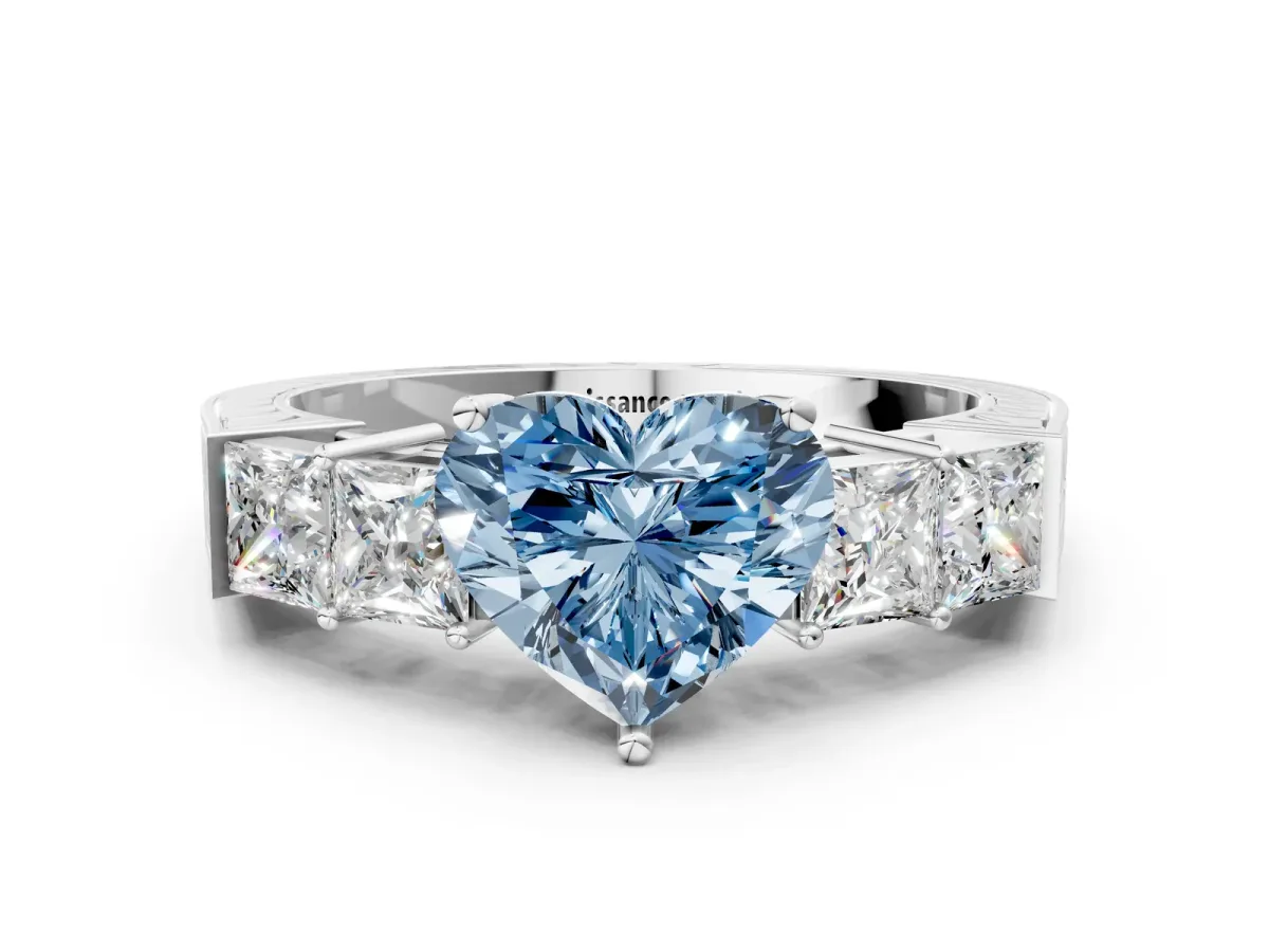 Fancy Blue Heart Cut Solitaire Princess Side Stone Engraved Band Prong Setting Ring Silver