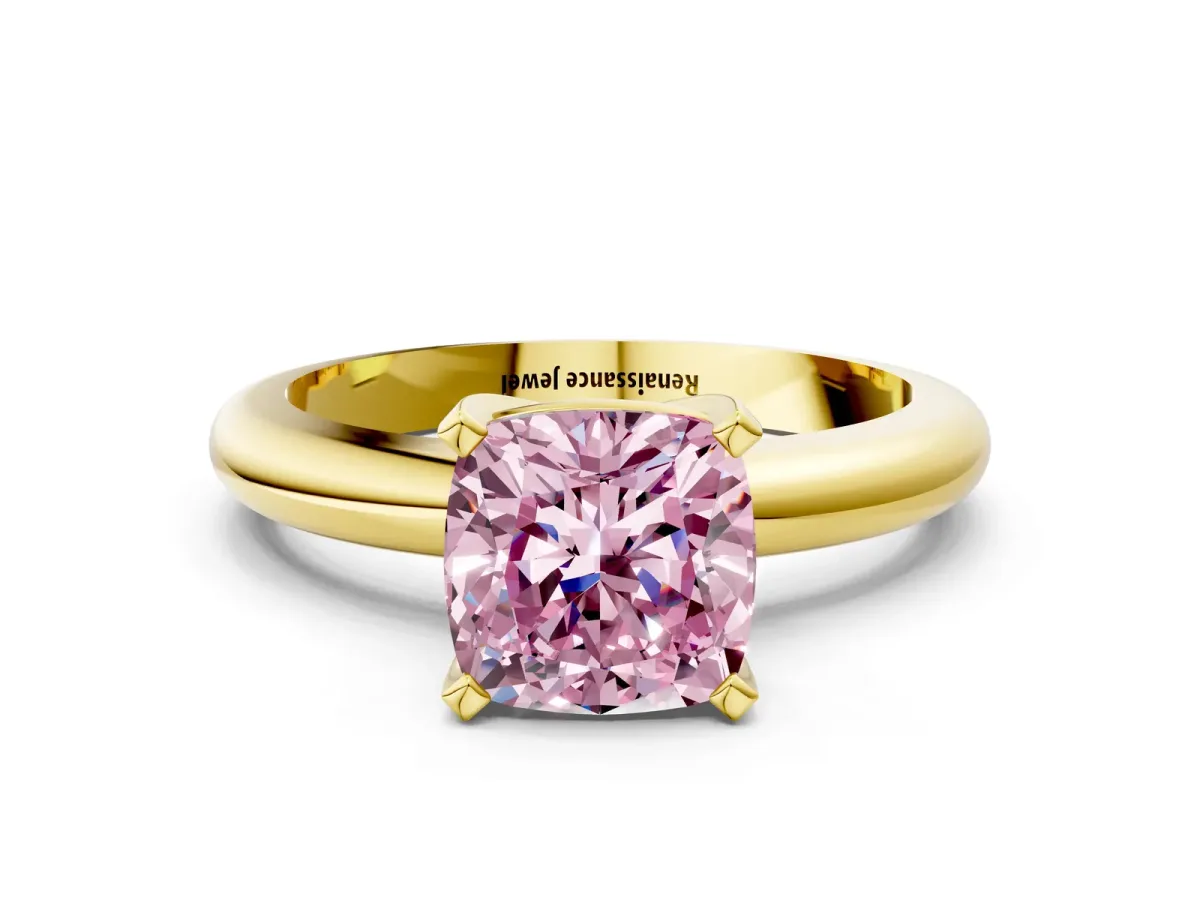 Fancy Pink Cushion Cut Diamond Solitaire Engagement Ring with Round Band and Four-Prong Setting Yellow gold