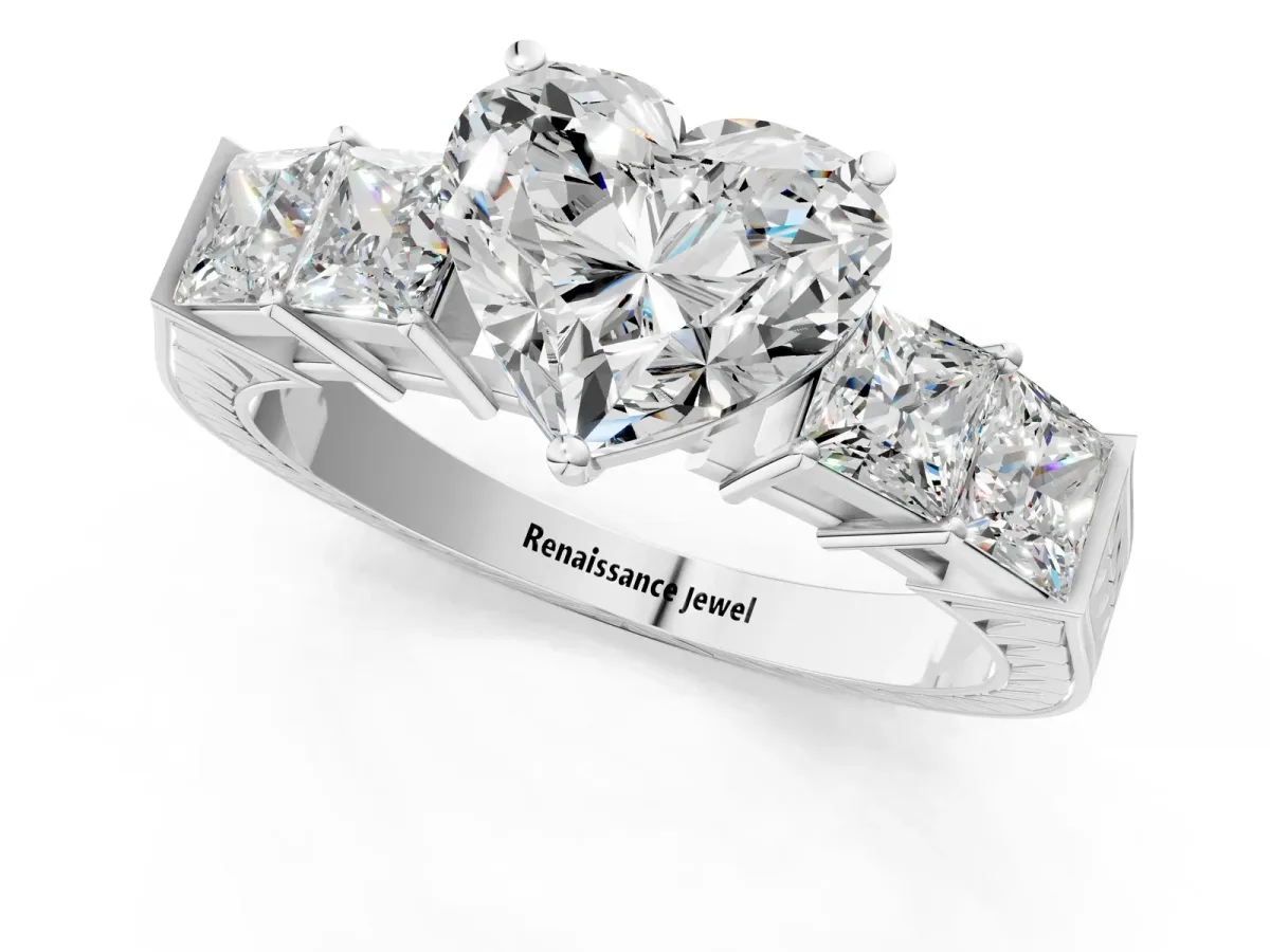 Heart Cut Solitaire Princess Side Stone Engraved Band Prong Setting Ring Silver