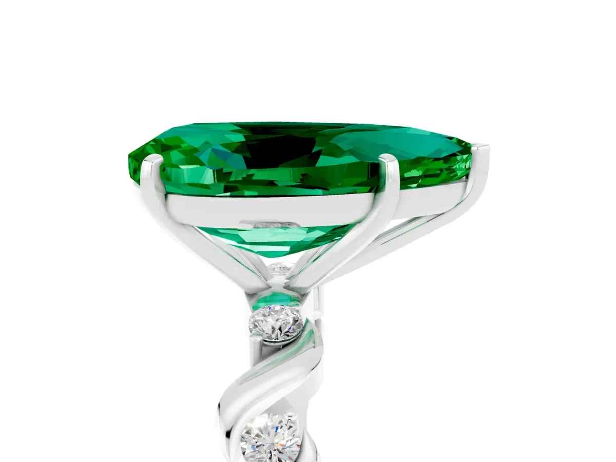 Pear Cut Emerald Solitaire Twisted Band with Round Accents and Prong Setting Silver