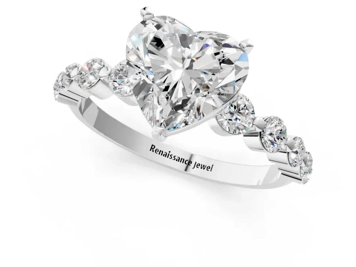 Heart Cut Solitaire Diamond Ring with Pave Band and Four-Prong Setting Silver