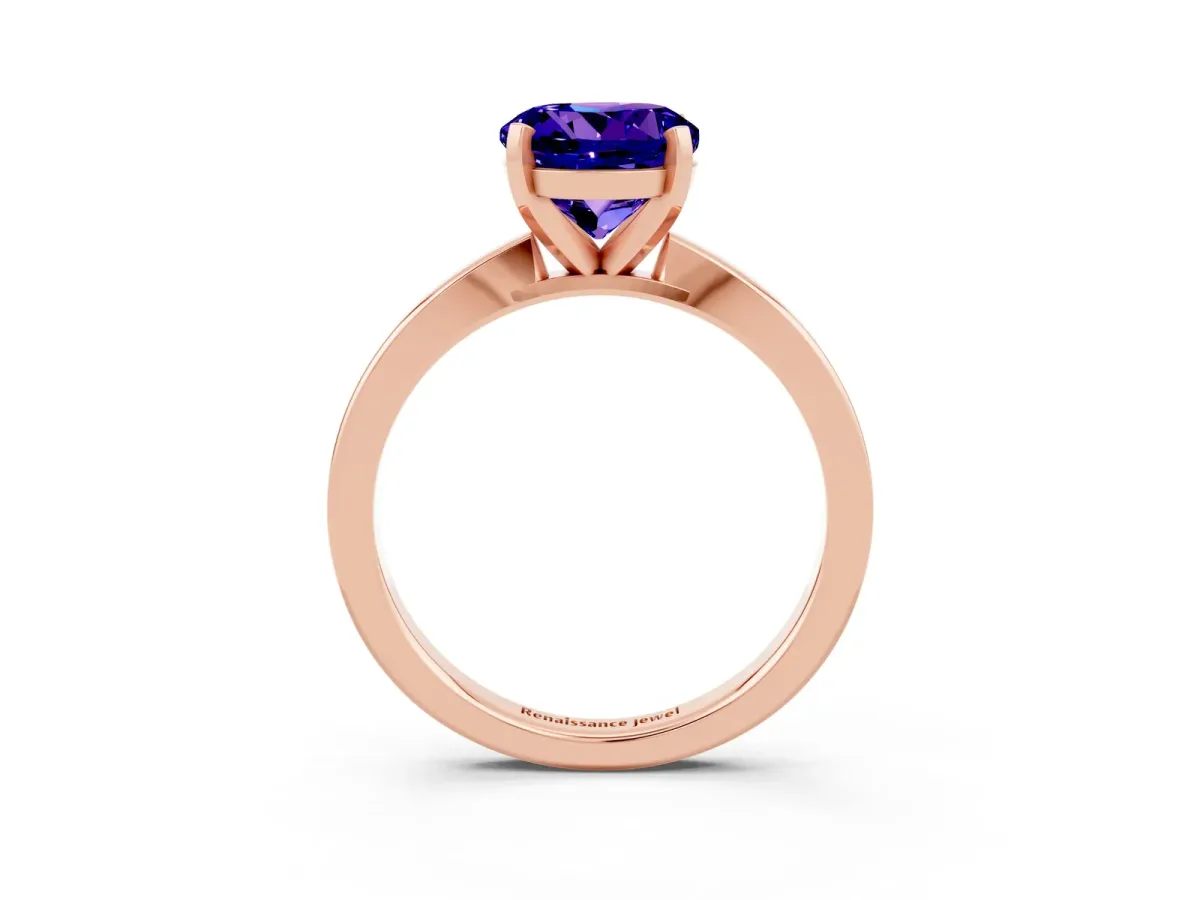 Round Cut Tanzanite Solitaire Engagement Ring with Classic Band and Four-Prong Setting Rose gold