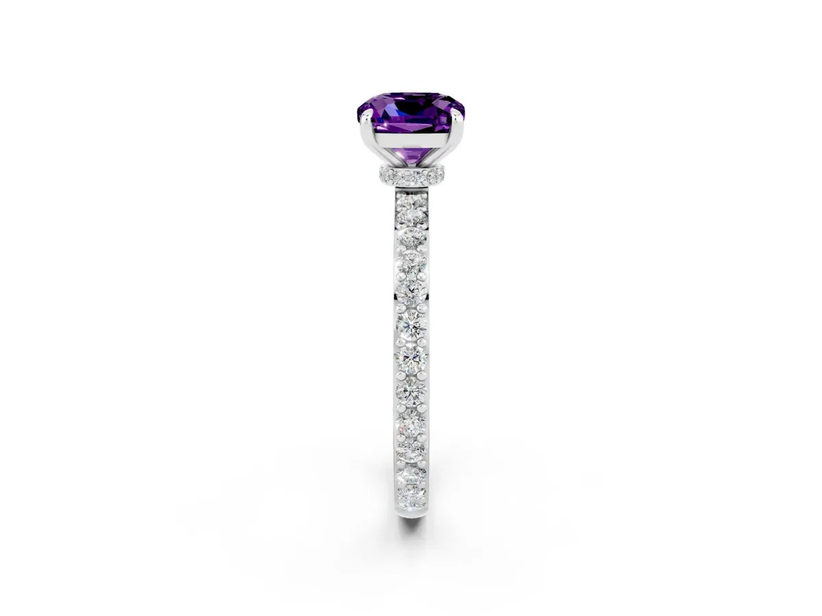 Cushion Cut Amethyst Solitaire Engagement Ring with Pavé Band and Four-Prong Setting Silver
