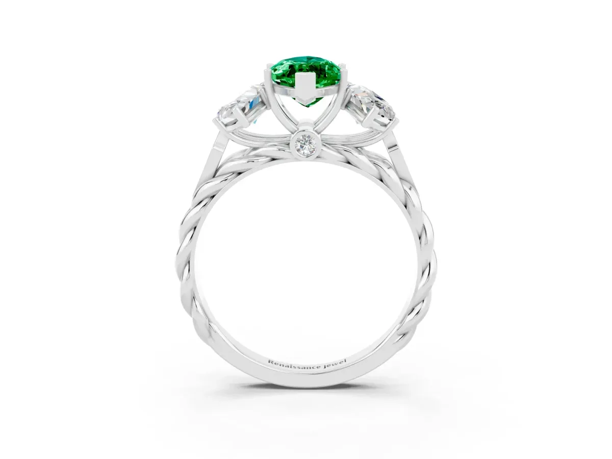 Three-Stone Marquise Cut Emerald Braided Band Ring with Four-Prong Setting White gold