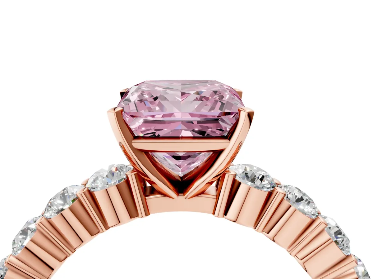 Fancy Pink Princess Cut Diamond Solitaire Ring with Shared Prong Round Side Stones Rose gold