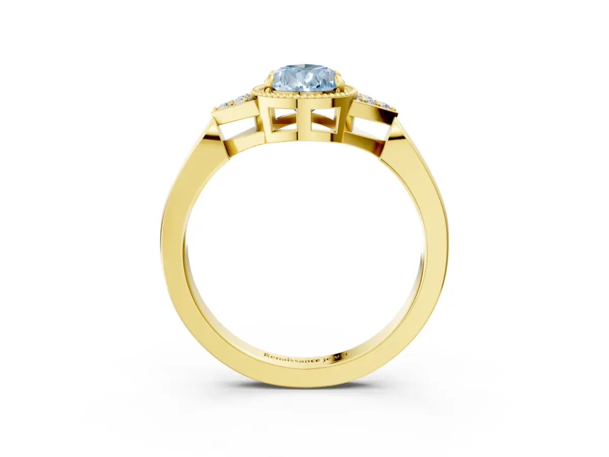 Fancy Blue Milgrain Pear Cut Cut Diamond Ring with Tapered Pave Band and Four Prong Setting Yellow gold