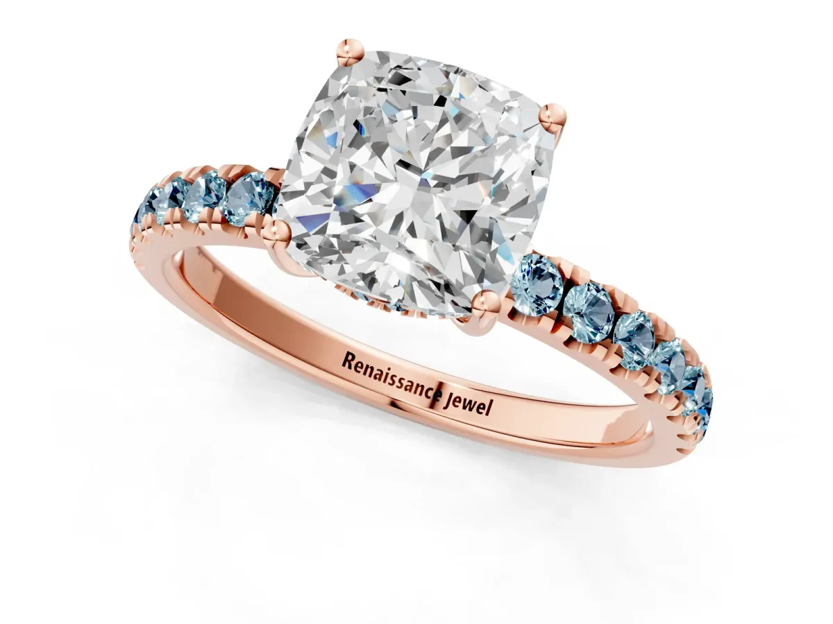 Cushion Cut Diamond Pave Band Solitaire Ring with Round Aquamarine and Prong Setting Rose gold