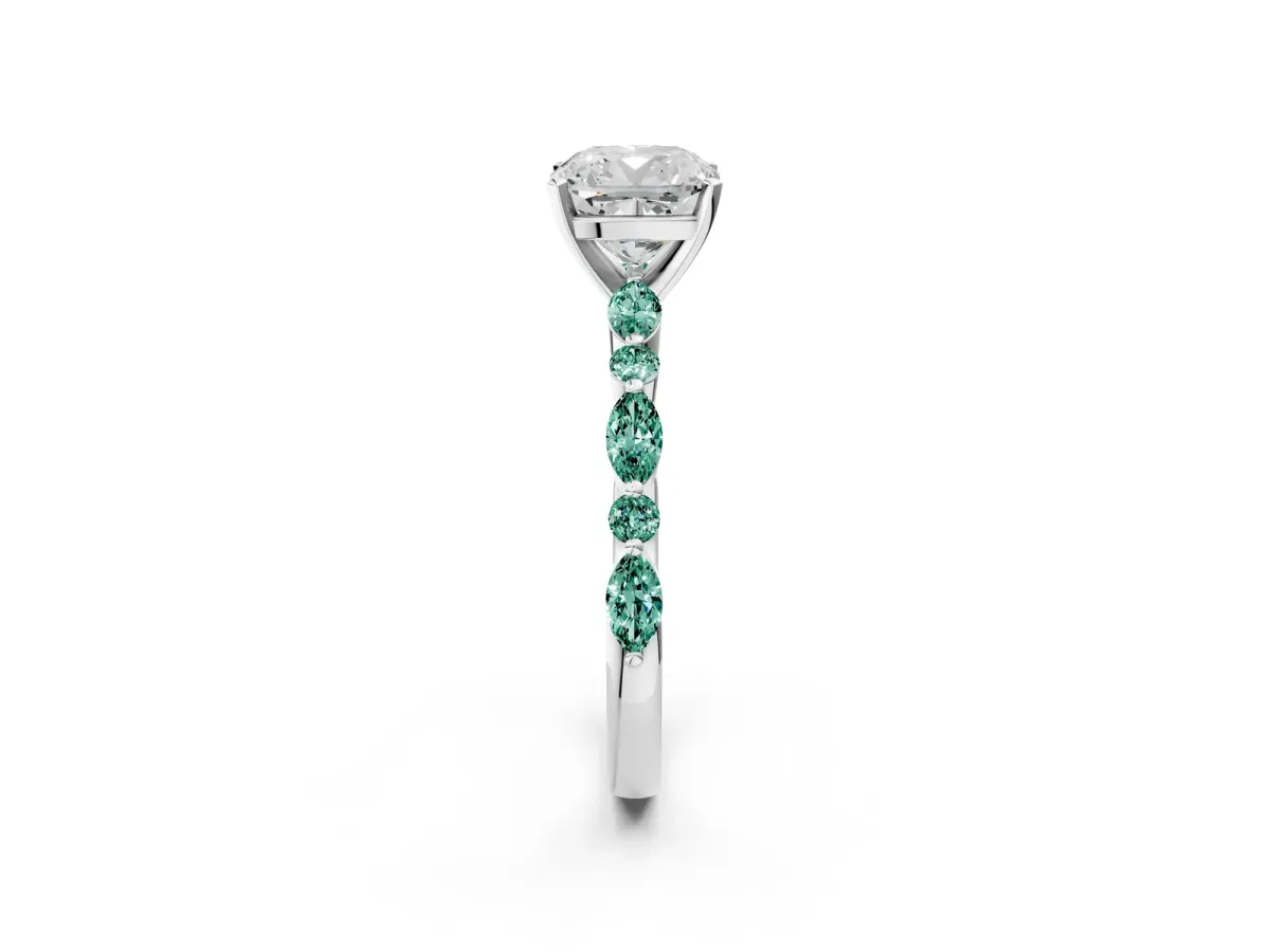 Cushion Cut Diamond Ring with Marquise and Round Green Sapphire Side Stones and Four-Prong Setting Platinum